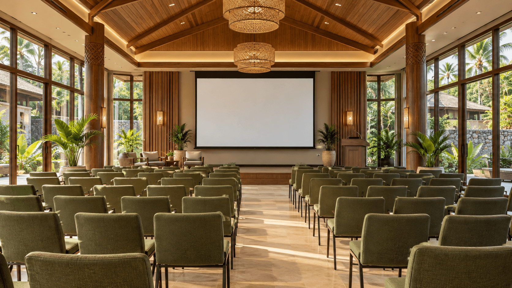 A timber-lined conference hall overlooking tropical gardens