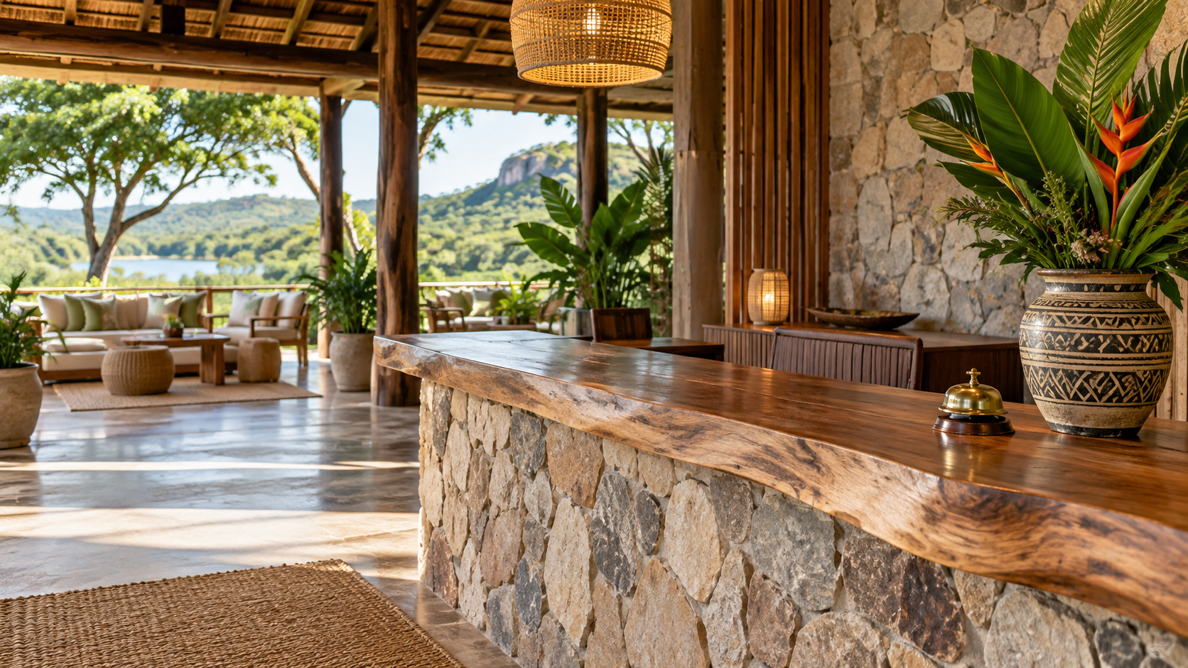 A welcoming timber reception desk with tropical foliage