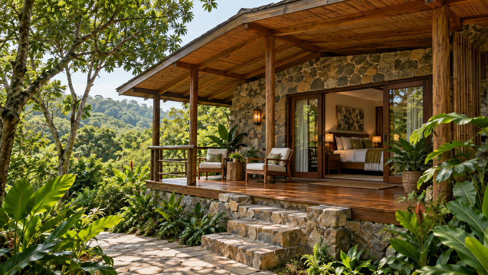 A timber eco-lodge veranda surrounded by tropical gardens