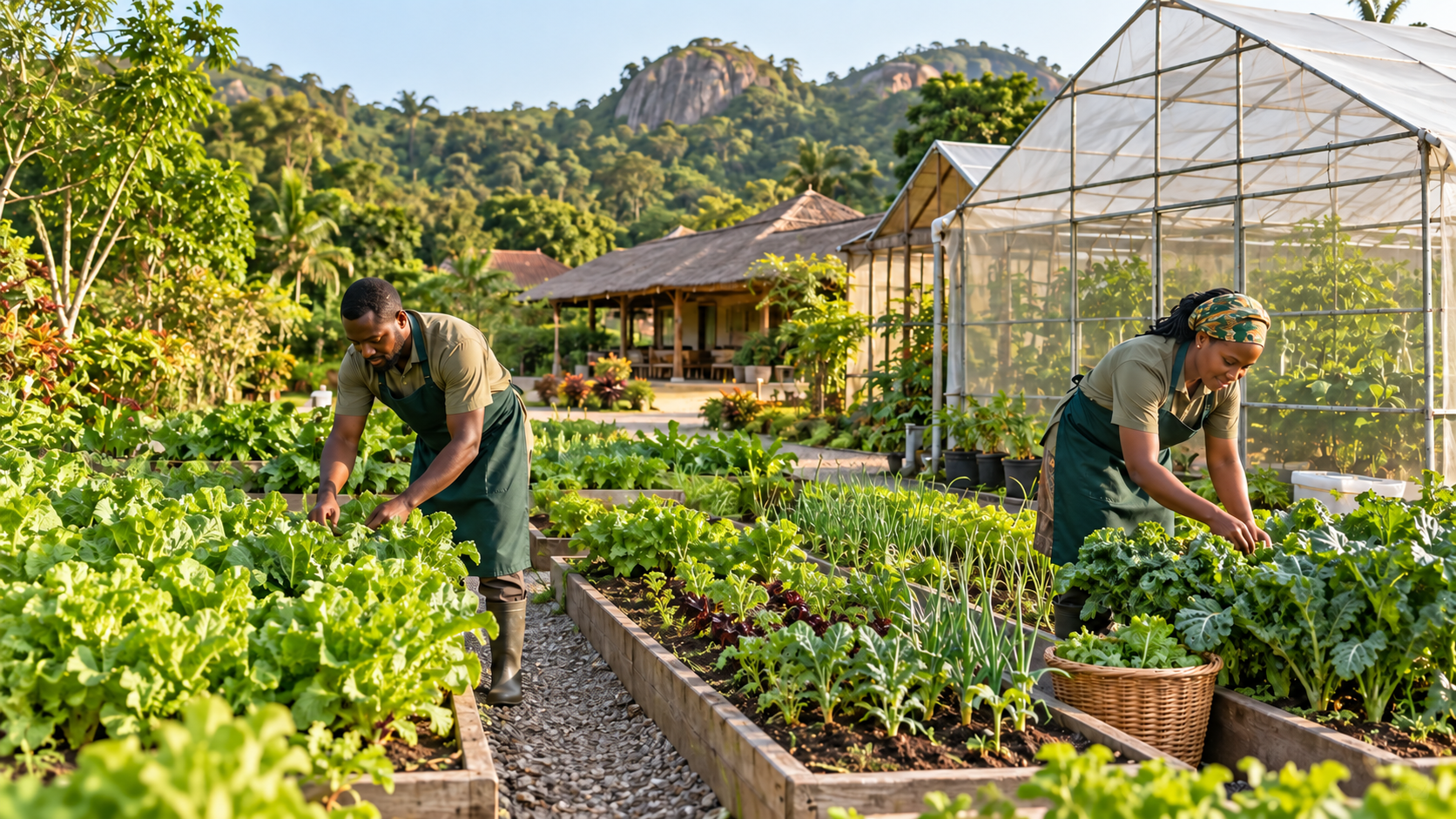 Vegetable beds and a greenhouse at a farm retreat