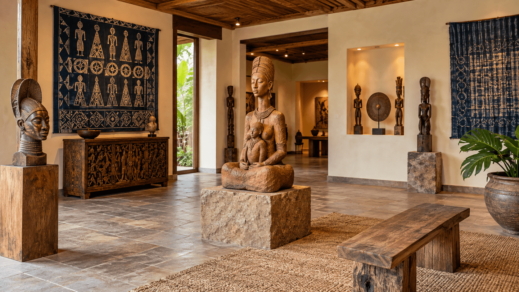 Yoruba sculpture and textiles in a contemporary gallery