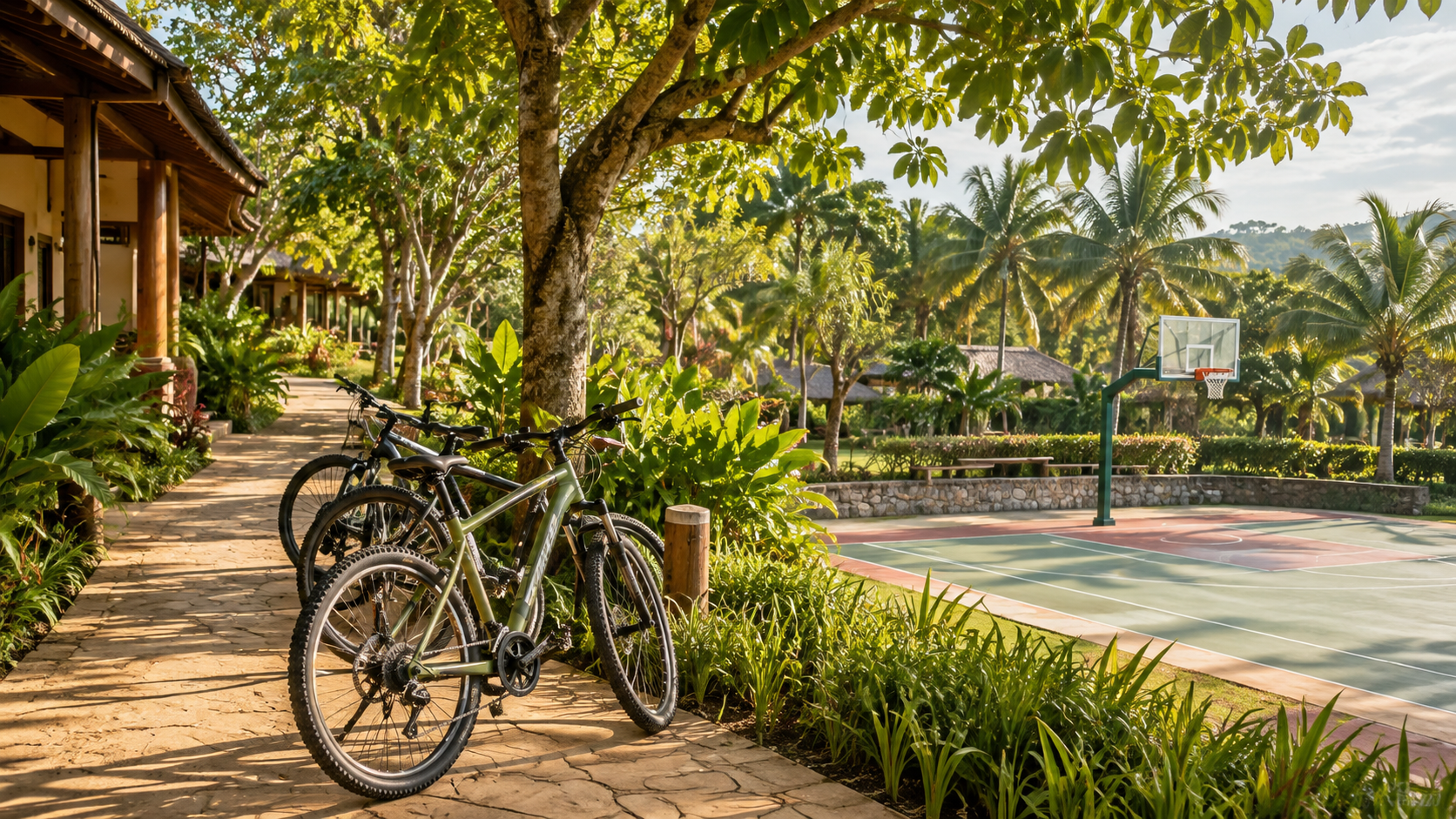 Bicycles beside a garden trail and outdoor sports court