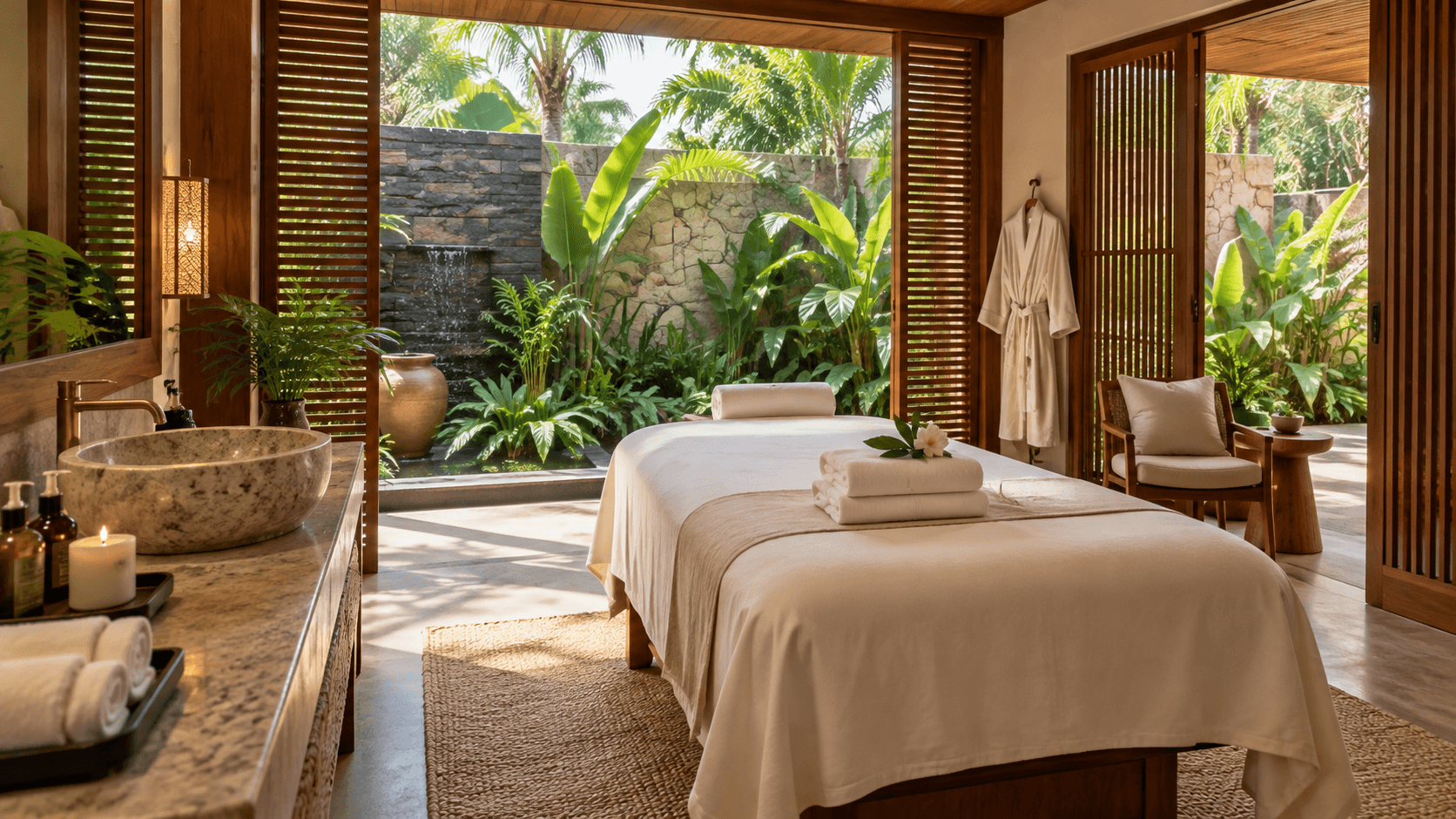 A serene spa treatment room opening onto a leafy garden