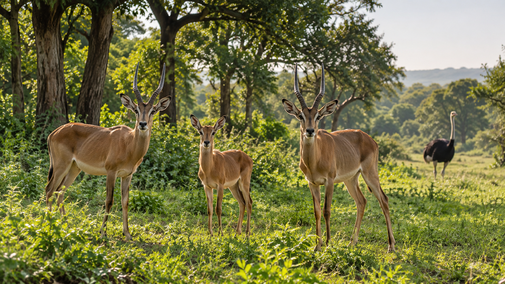 Antelopes grazing in a sunlit woodland clearing