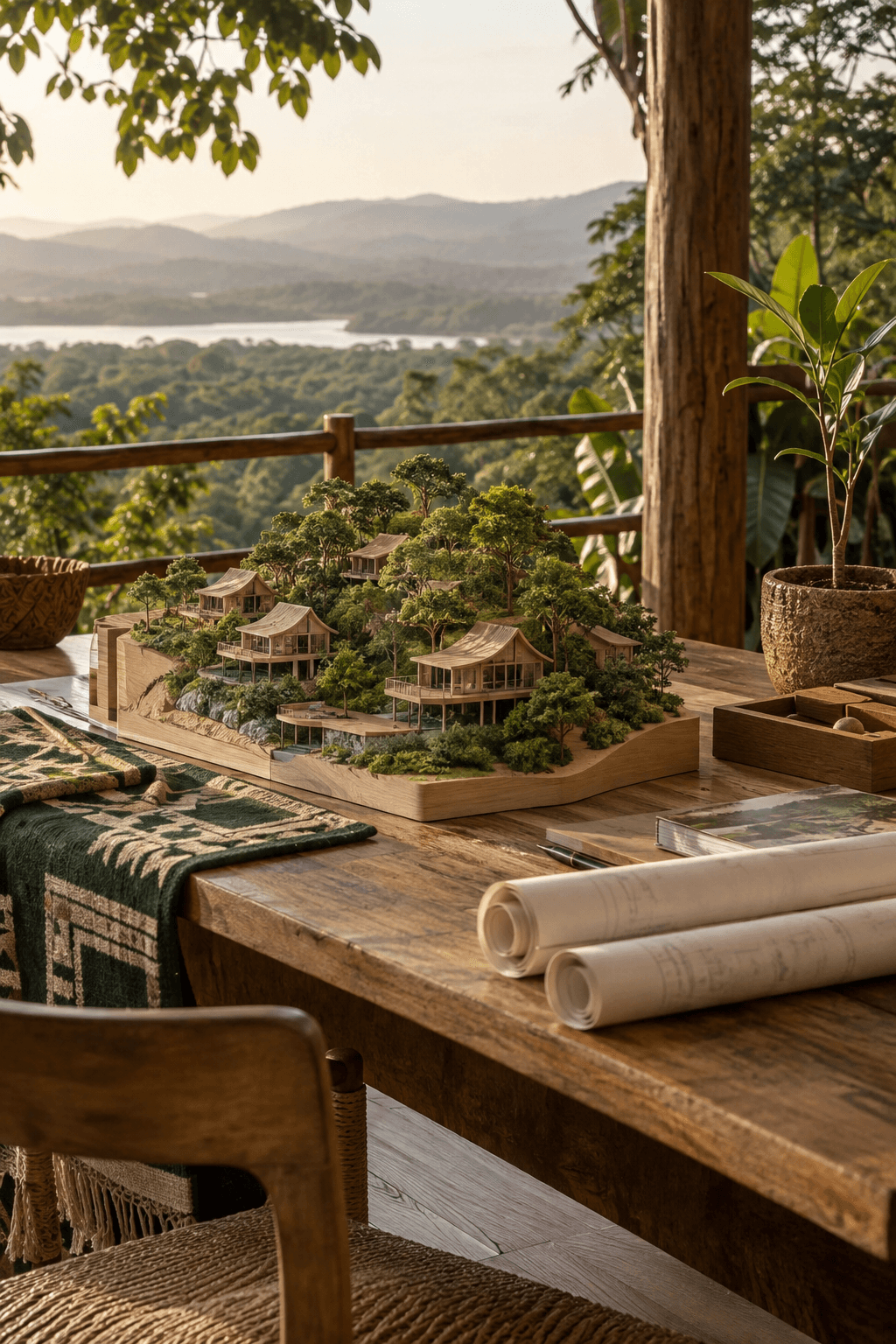 Concept still-life of eco-lodge architectural models and a sapling, reflecting the resort’s vision